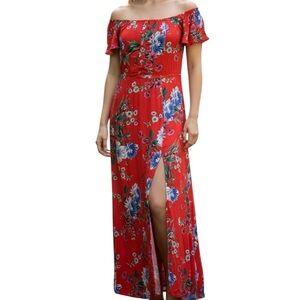 Band of Gypsies Off-Shoulder Red Floral Maxi Dress with Front Slit Size S